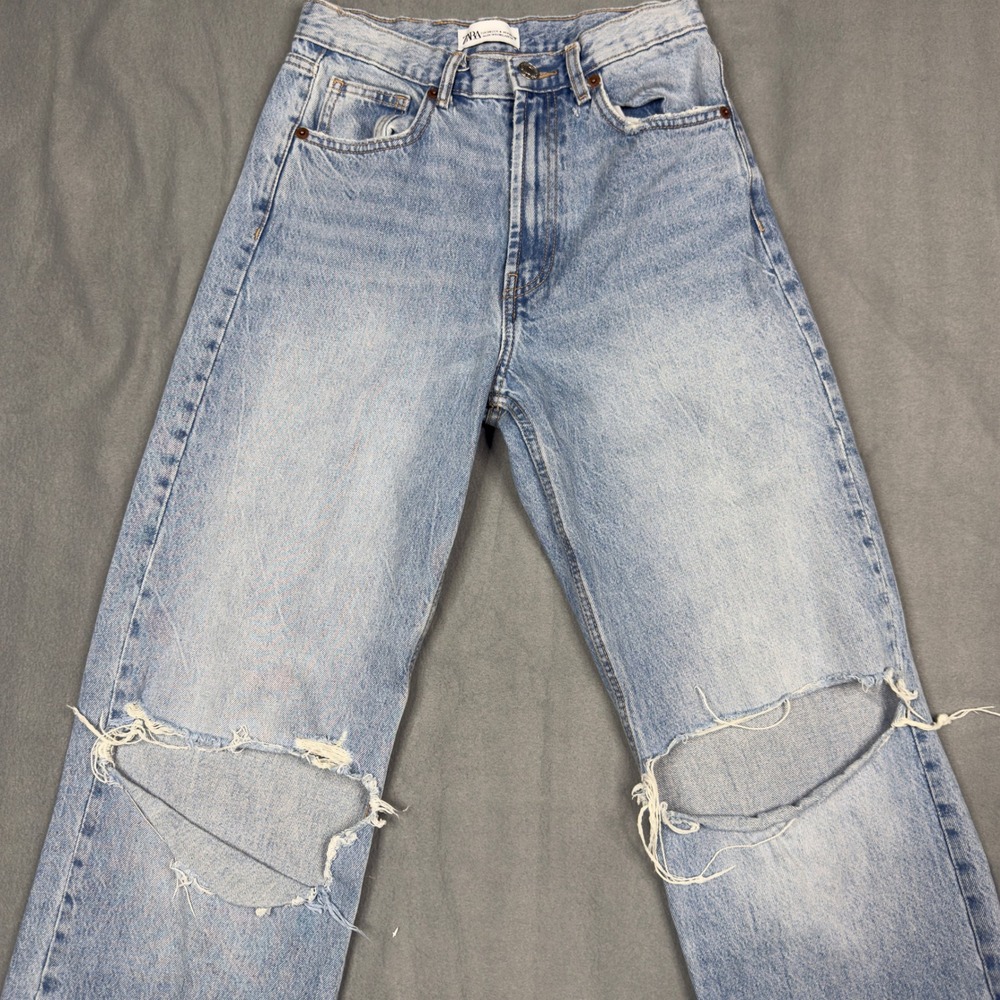 Zara Women Light Wash Distressed Wide Leg Jeans High Rise Size 4 - Picture 3 of 10
